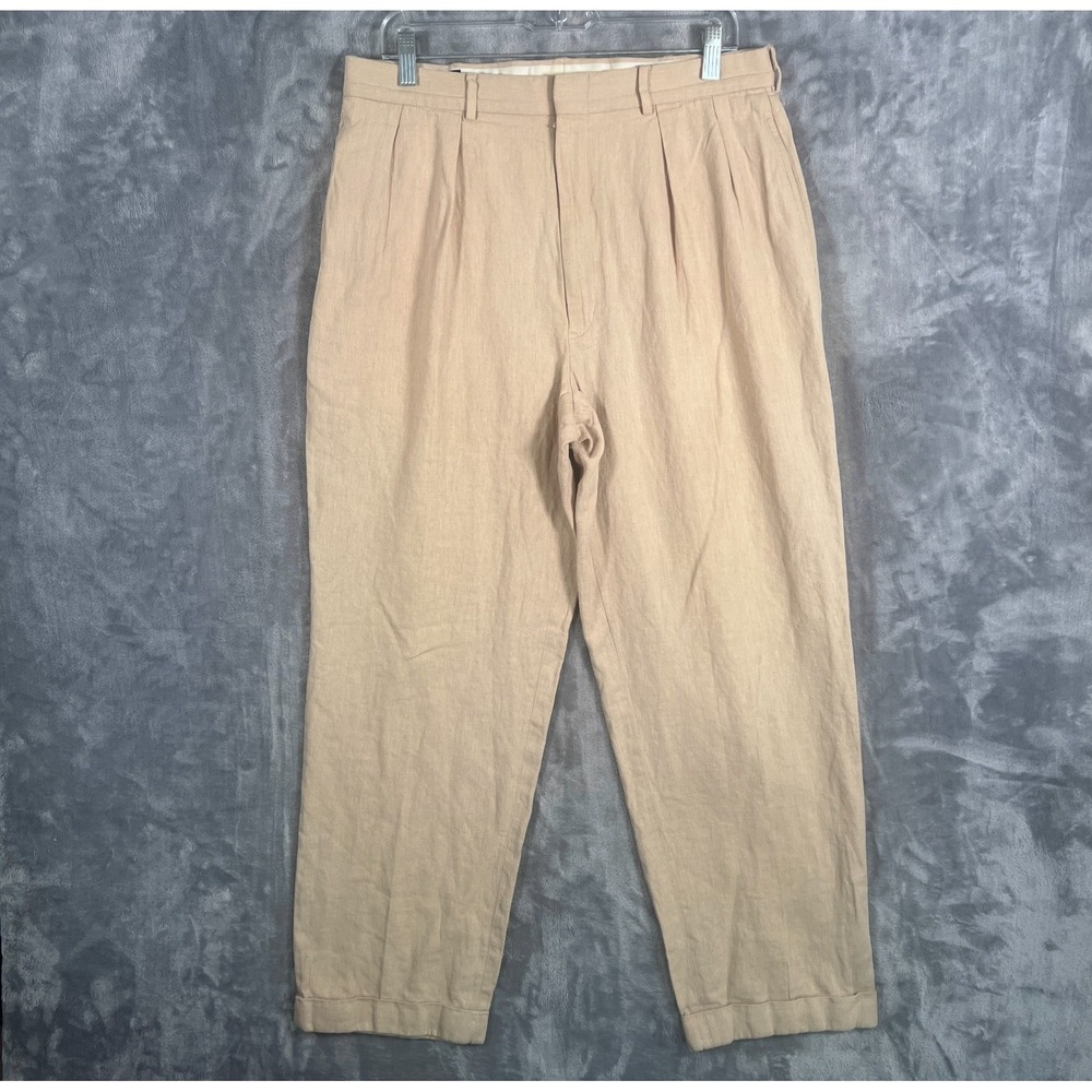 Vintage Polo Ralph Lauren Linen Pants Mens 35x32 (33x29) Pleated Beige VTG Chino